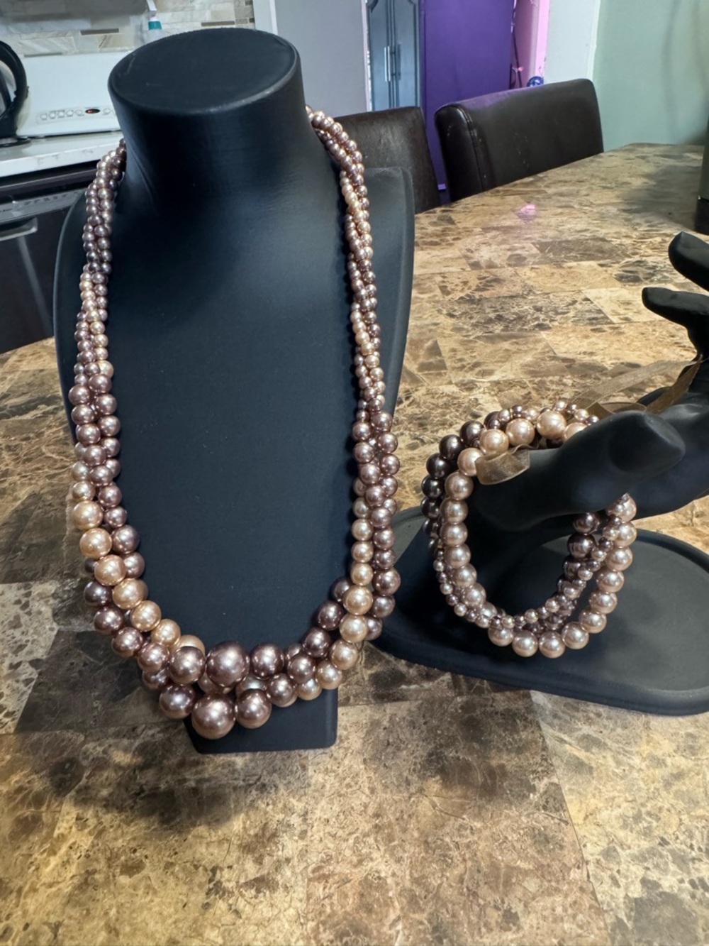 Elegant Champagne Pearl Multi-Strand Necklace and Bracelet Set